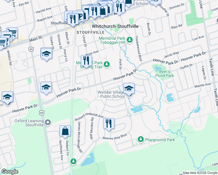 map of restaurants, bars, coffee shops, grocery stores, and more near 48 Ken Wagg Crescent in Whitchurch-Stouffville
