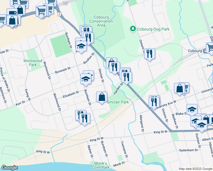 map of restaurants, bars, coffee shops, grocery stores, and more near 576 Sinclair Street in Cobourg
