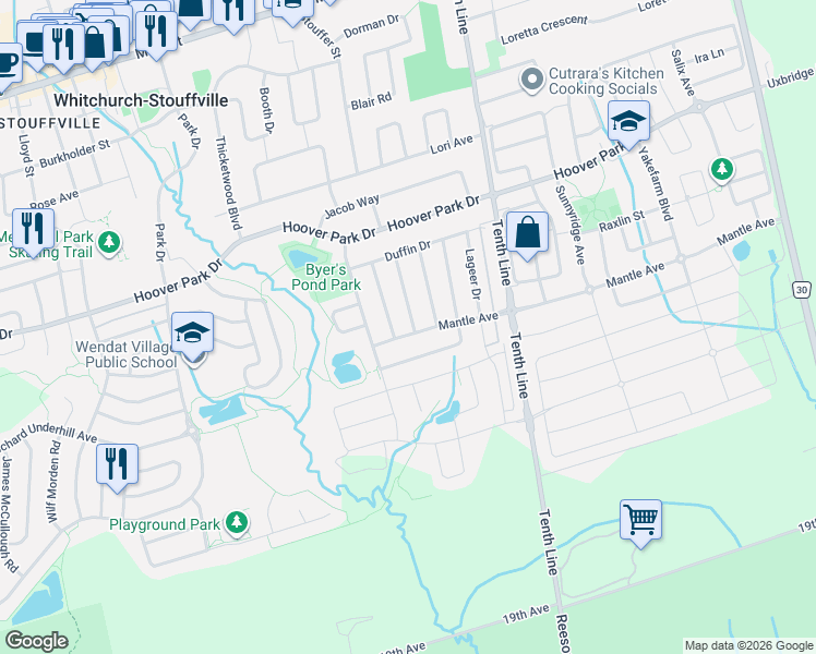 map of restaurants, bars, coffee shops, grocery stores, and more near 37 Mantle Avenue in Whitchurch-Stouffville