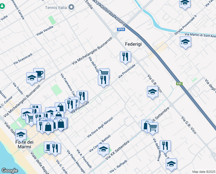 map of restaurants, bars, coffee shops, grocery stores, and more near 178 Via Piave in Forte dei Marmi