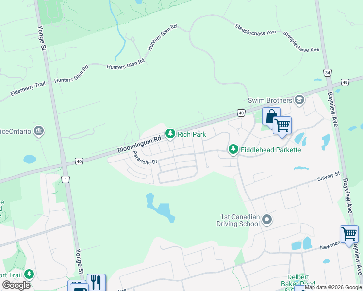 map of restaurants, bars, coffee shops, grocery stores, and more near 11 Twinflower Lane in Richmond Hill