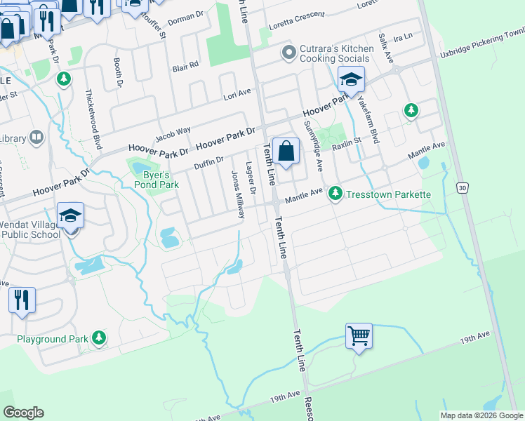 map of restaurants, bars, coffee shops, grocery stores, and more near 220 Lageer Drive in Whitchurch-Stouffville