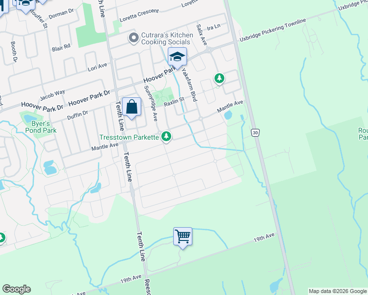 map of restaurants, bars, coffee shops, grocery stores, and more near 169 Wesmina Avenue in Whitchurch-Stouffville
