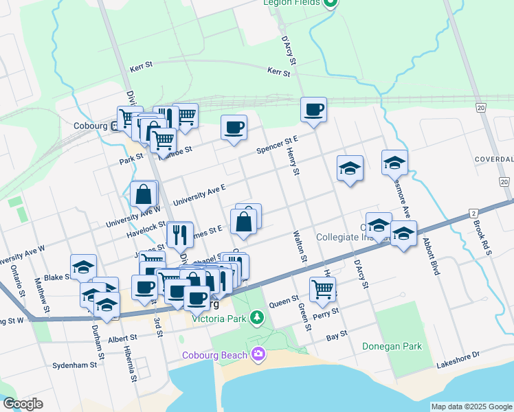 map of restaurants, bars, coffee shops, grocery stores, and more near 138 James Street East in Cobourg