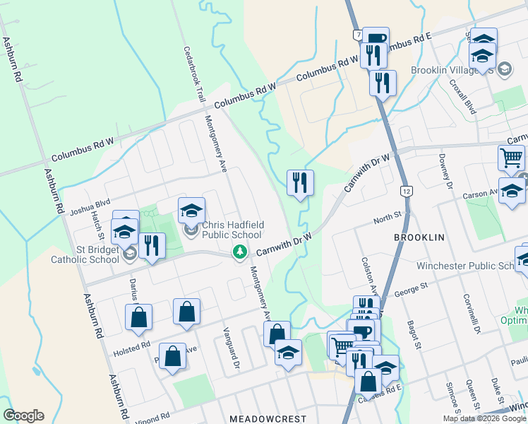 map of restaurants, bars, coffee shops, grocery stores, and more near 25 Montana Crescent in Whitby