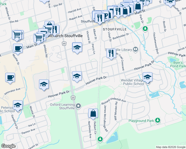 map of restaurants, bars, coffee shops, grocery stores, and more near 39 Miltrose Crescent in Whitchurch-Stouffville