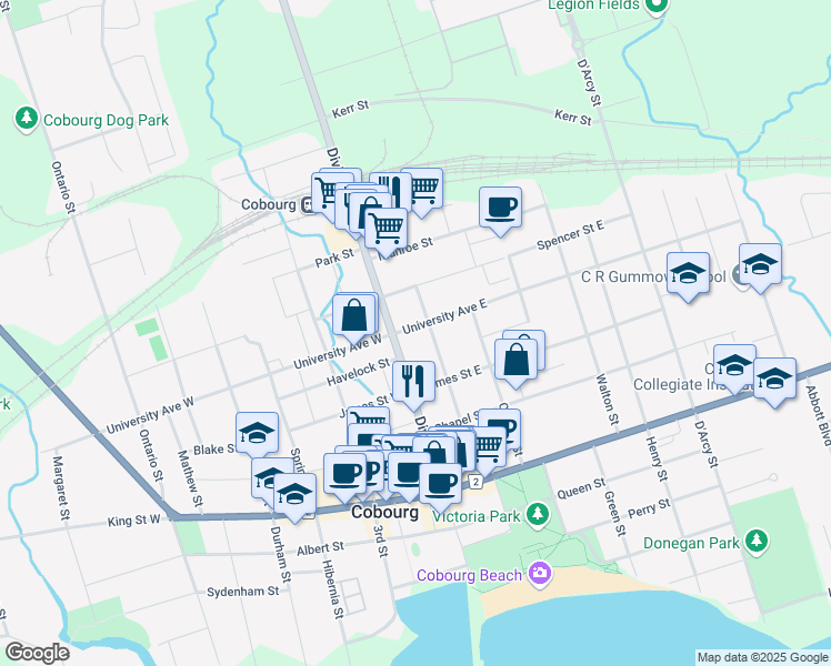 map of restaurants, bars, coffee shops, grocery stores, and more near 17 University Avenue East in Cobourg