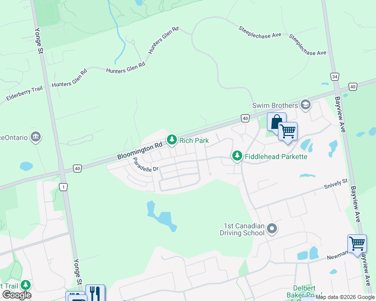map of restaurants, bars, coffee shops, grocery stores, and more near 14 Twinflower Lane in Richmond Hill