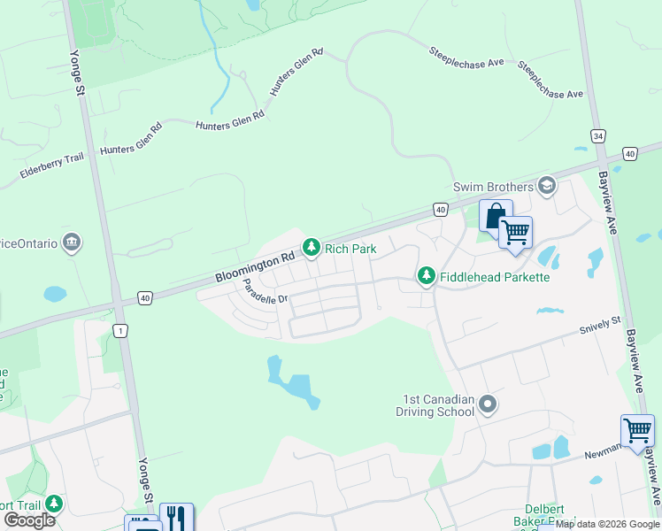 map of restaurants, bars, coffee shops, grocery stores, and more near 7 Twinflower Lane in Richmond Hill