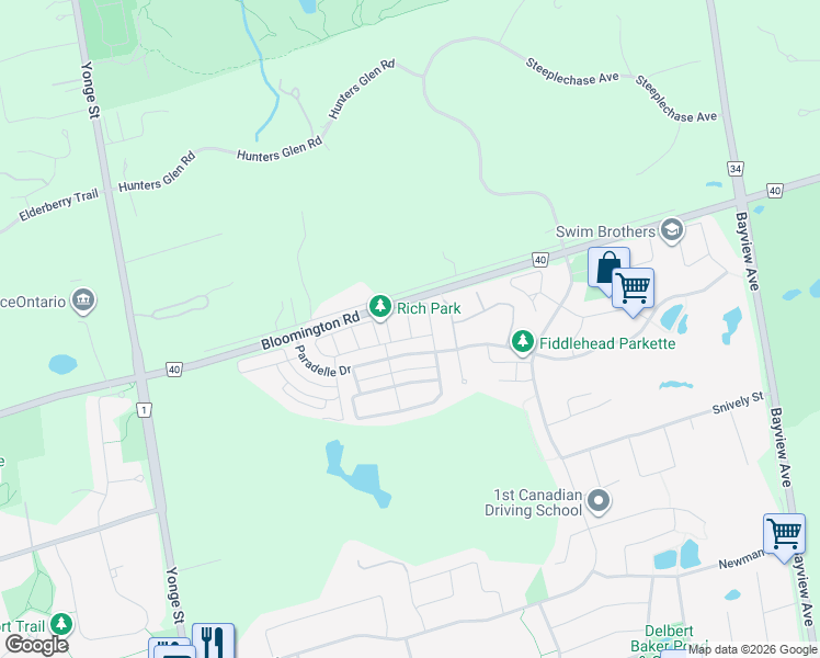 map of restaurants, bars, coffee shops, grocery stores, and more near 11 Twinflower Lane in Richmond Hill
