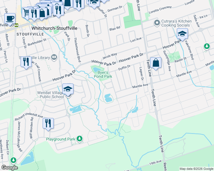 map of restaurants, bars, coffee shops, grocery stores, and more near 45 Lost Pond Crescent in Whitchurch-Stouffville