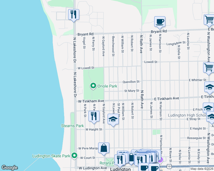 map of restaurants, bars, coffee shops, grocery stores, and more near 806 Lakeview Street in Ludington