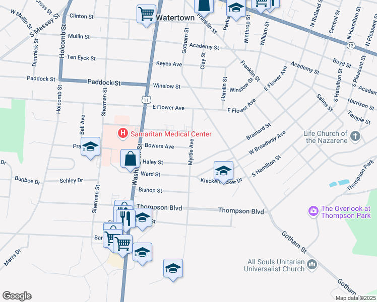 map of restaurants, bars, coffee shops, grocery stores, and more near in Watertown