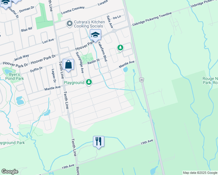 map of restaurants, bars, coffee shops, grocery stores, and more near 2 Greenbury Court in Whitchurch-Stouffville