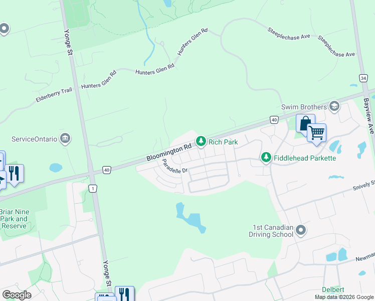 map of restaurants, bars, coffee shops, grocery stores, and more near Buttonbush Lane in Richmond Hill