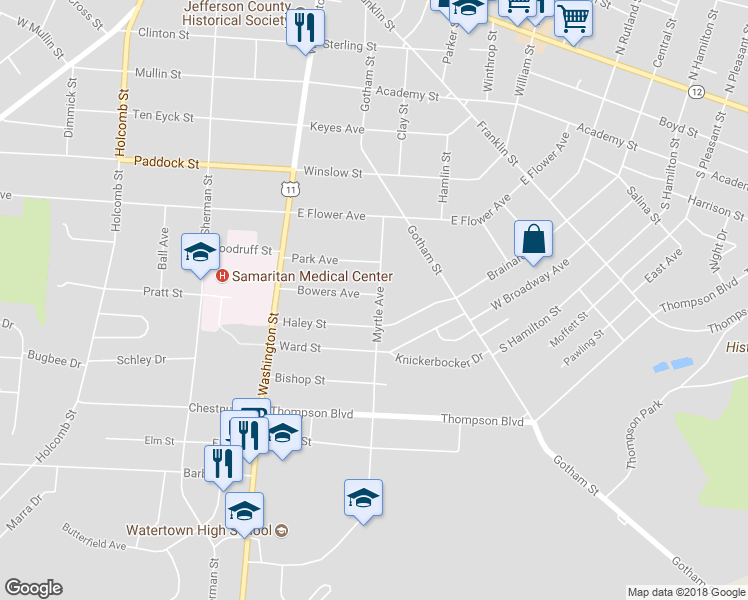 map of restaurants, bars, coffee shops, grocery stores, and more near 186 Bowers Avenue in Watertown