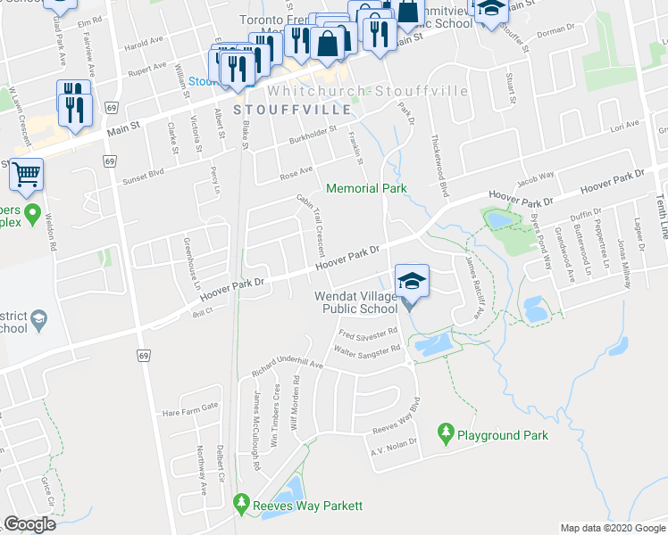 map of restaurants, bars, coffee shops, grocery stores, and more near 596 Hoover Park Drive in Whitchurch-Stouffville