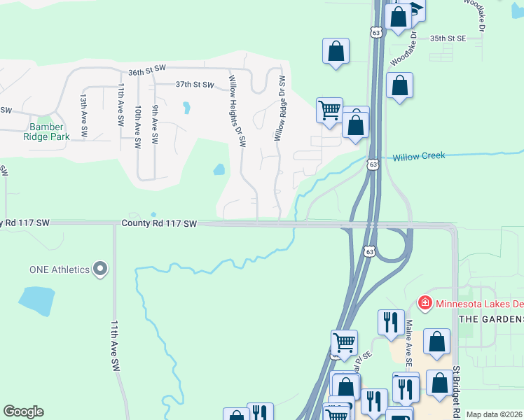 map of restaurants, bars, coffee shops, grocery stores, and more near 3900 Willow Heights Drive Southwest in Rochester