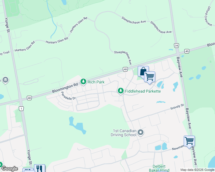 map of restaurants, bars, coffee shops, grocery stores, and more near 280 Paradelle Drive in Richmond Hill