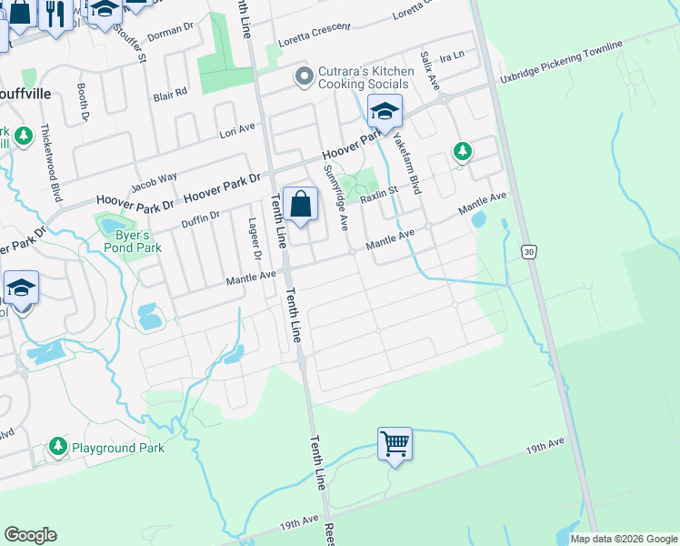 map of restaurants, bars, coffee shops, grocery stores, and more near 258 Mantle Avenue in Whitchurch-Stouffville