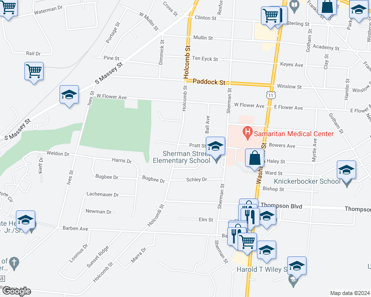 map of restaurants, bars, coffee shops, grocery stores, and more near 273 Pratt Street in Watertown