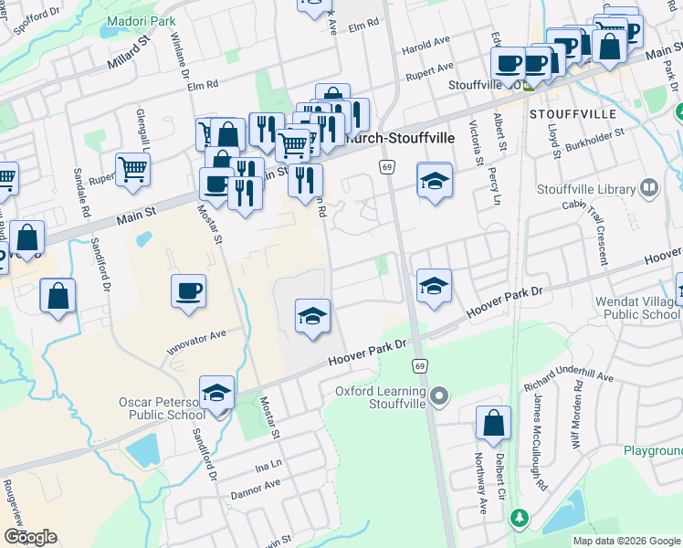map of restaurants, bars, coffee shops, grocery stores, and more near 10 Dougherty Crescent in Whitchurch-Stouffville