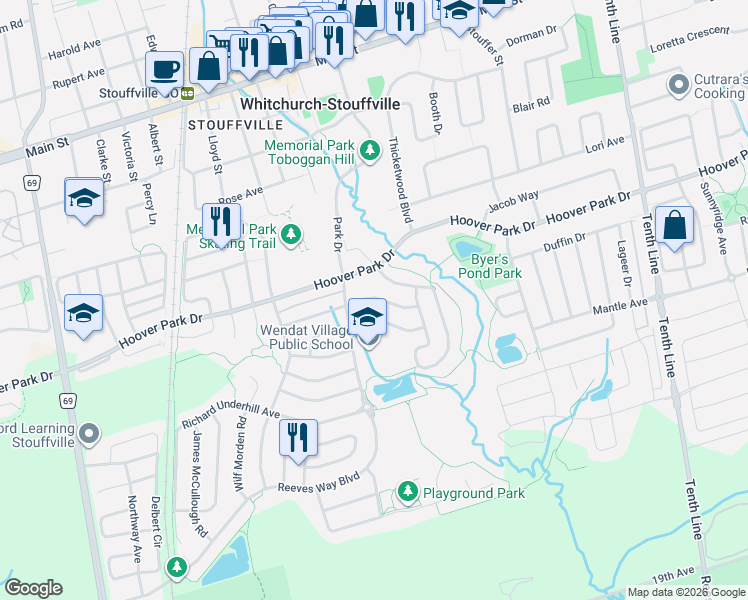 map of restaurants, bars, coffee shops, grocery stores, and more near 21 Amos Lehman Way in Whitchurch-Stouffville