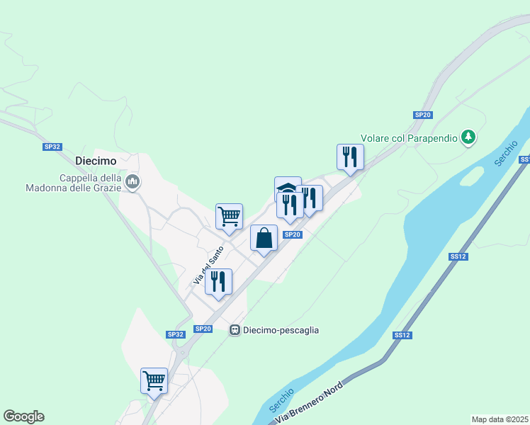 map of restaurants, bars, coffee shops, grocery stores, and more near 76 Via del Santo in Diecimo