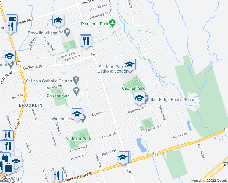 map of restaurants, bars, coffee shops, grocery stores, and more near 20 Kenilworth Crescent in Whitby