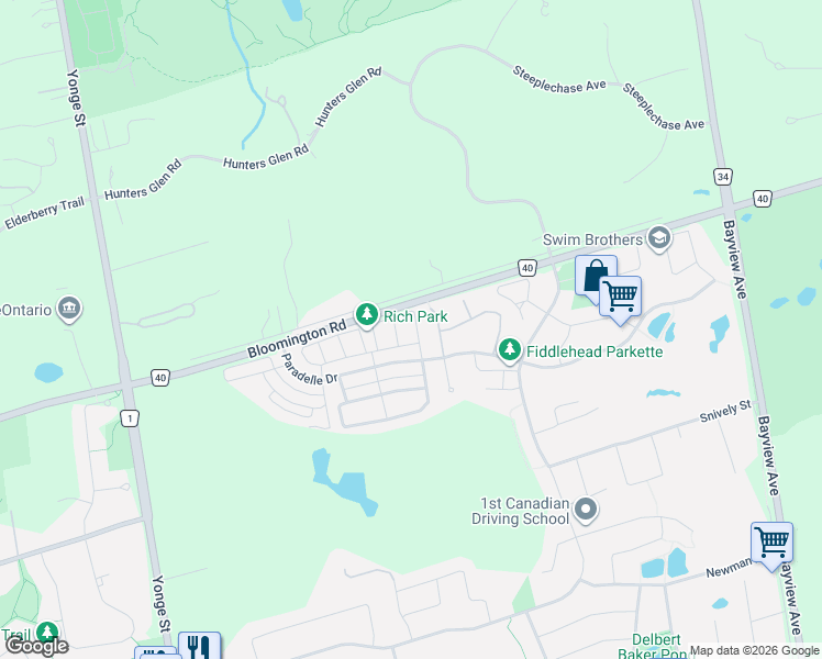 map of restaurants, bars, coffee shops, grocery stores, and more near 49 Thornapple Lane in Richmond Hill