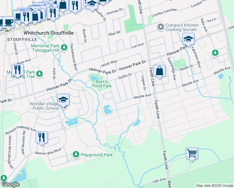map of restaurants, bars, coffee shops, grocery stores, and more near 23 Grandwood Avenue in Whitchurch-Stouffville