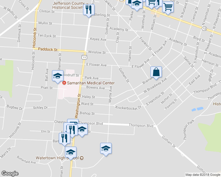 map of restaurants, bars, coffee shops, grocery stores, and more near Myrtle Avenue & Bowers Avenue in Watertown