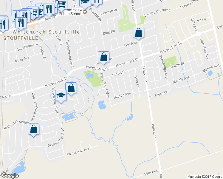 map of restaurants, bars, coffee shops, grocery stores, and more near 23 Grandwood Avenue in Whitchurch-Stouffville