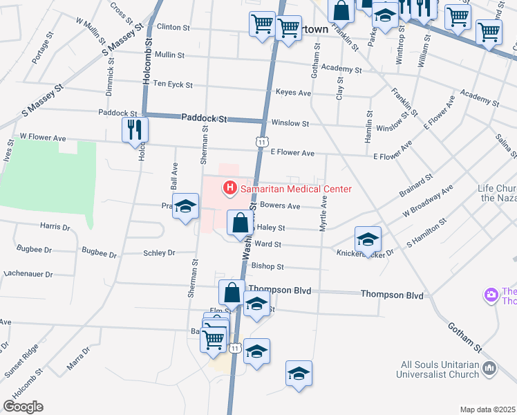 map of restaurants, bars, coffee shops, grocery stores, and more near 831 Washington Street in Watertown