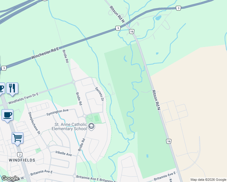 map of restaurants, bars, coffee shops, grocery stores, and more near 384 Arctic Red Drive in Oshawa