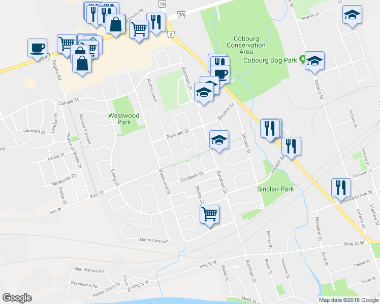 map of restaurants, bars, coffee shops, grocery stores, and more near 645 Hayden Crescent in Cobourg