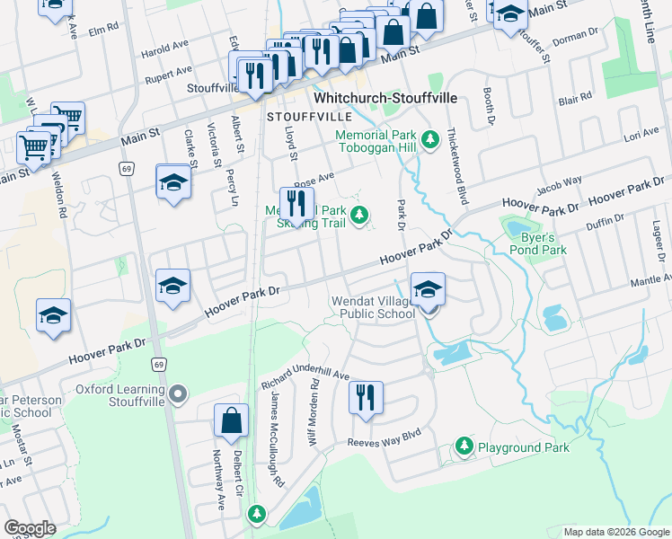 map of restaurants, bars, coffee shops, grocery stores, and more near 3 Cabin Trail Crescent in Whitchurch-Stouffville