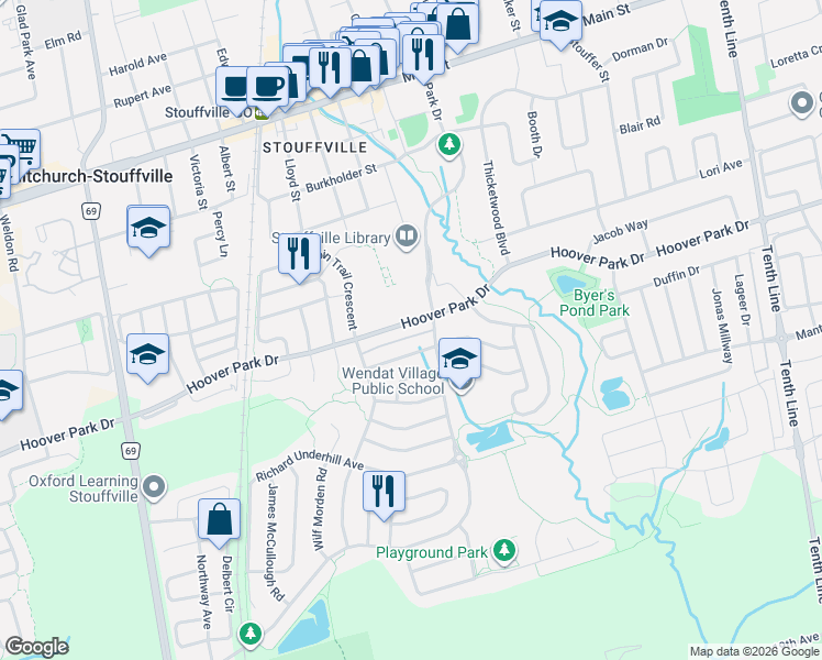 map of restaurants, bars, coffee shops, grocery stores, and more near 546 Hoover Park Drive in Whitchurch-Stouffville