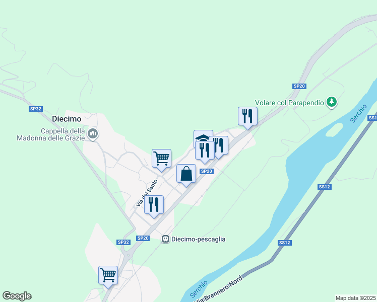 map of restaurants, bars, coffee shops, grocery stores, and more near 76 Via del Santo in Diecimo