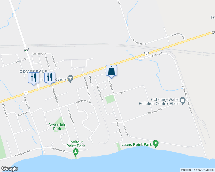 map of restaurants, bars, coffee shops, grocery stores, and more near 541 Wilson Road in Cobourg