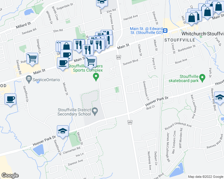 map of restaurants, bars, coffee shops, grocery stores, and more near 53 Dougherty Crescent in Whitchurch-Stouffville