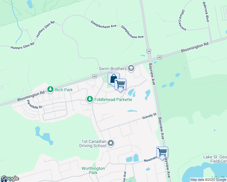 map of restaurants, bars, coffee shops, grocery stores, and more near Pagean Drive in Richmond Hill