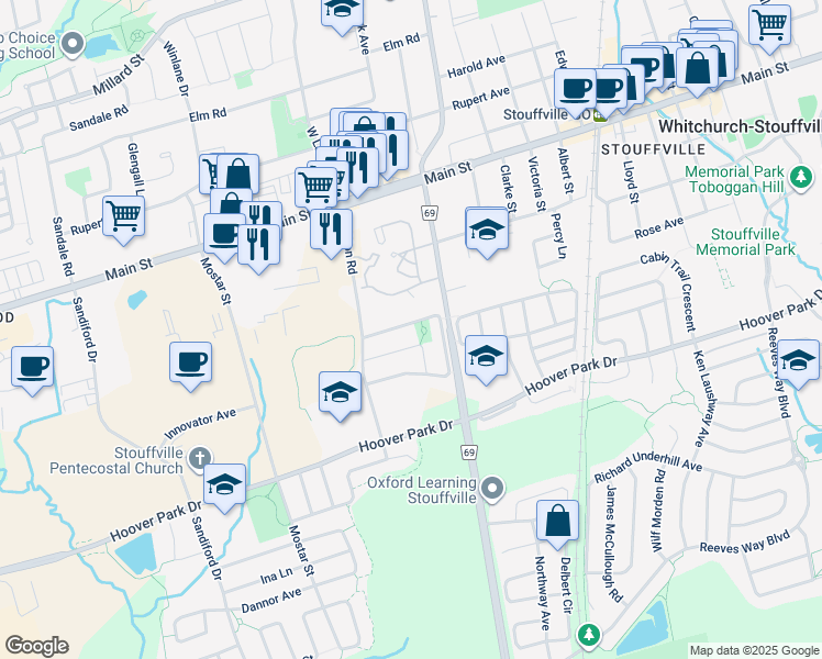 map of restaurants, bars, coffee shops, grocery stores, and more near 54 Dougherty Crescent in Whitchurch-Stouffville