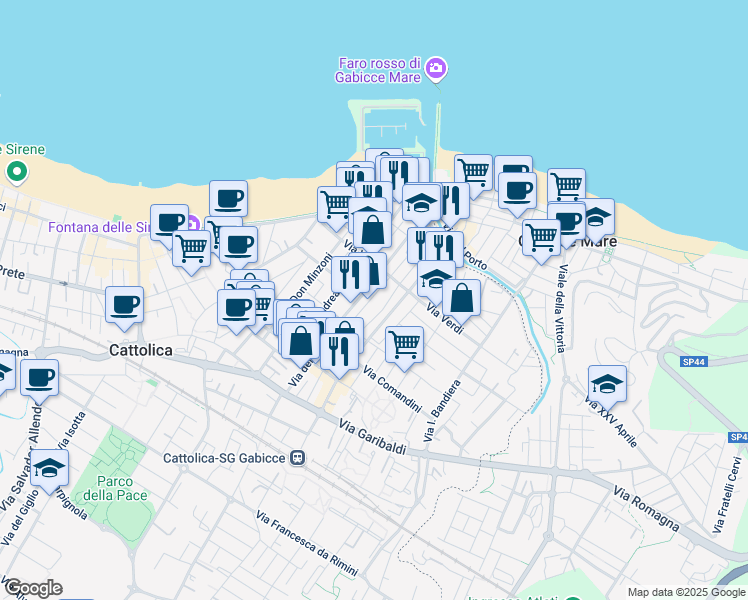map of restaurants, bars, coffee shops, grocery stores, and more near 24 Via T. Tasso in Cattolica