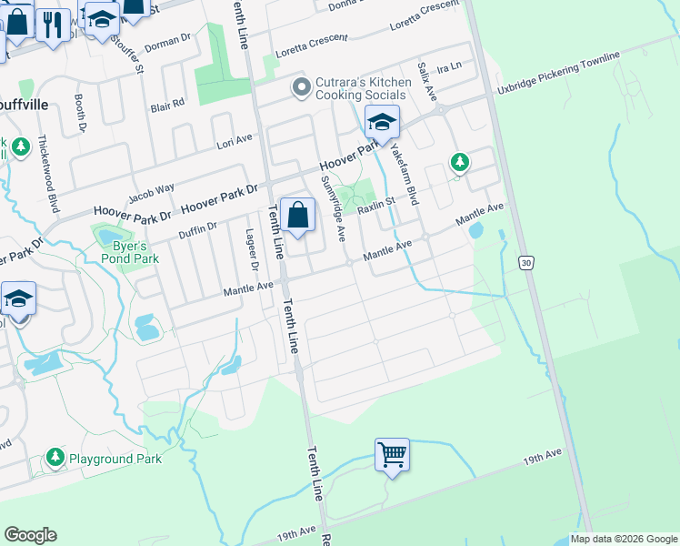 map of restaurants, bars, coffee shops, grocery stores, and more near 258 Mantle Avenue in Whitchurch-Stouffville
