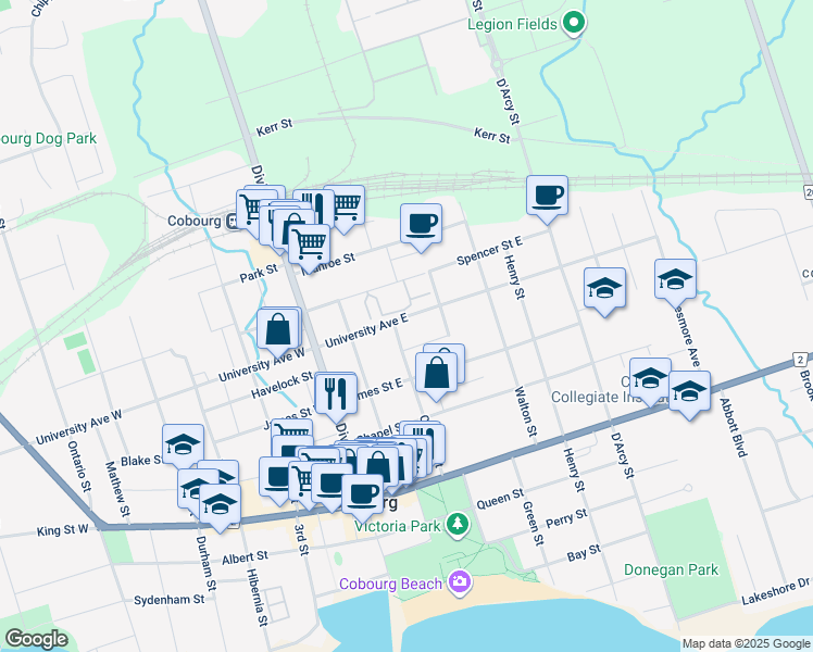 map of restaurants, bars, coffee shops, grocery stores, and more near 394 College Street in Cobourg