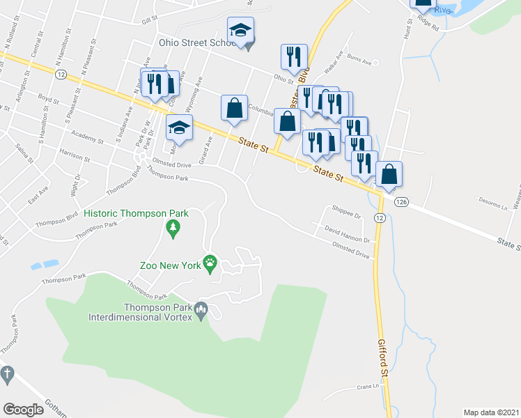 map of restaurants, bars, coffee shops, grocery stores, and more near 1700 Olmsted Drive in Watertown