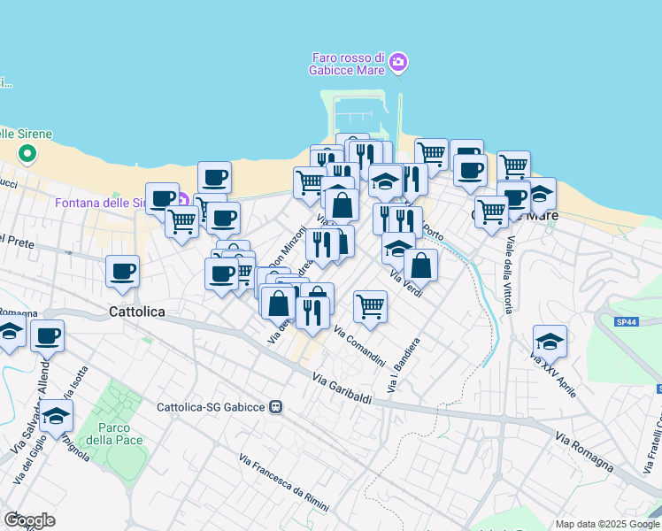 map of restaurants, bars, coffee shops, grocery stores, and more near 24 Via Torquato Tasso in Cattolica