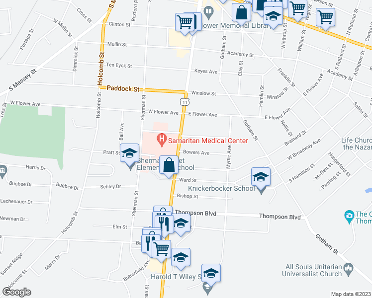 map of restaurants, bars, coffee shops, grocery stores, and more near 111 Bowers Avenue in Watertown