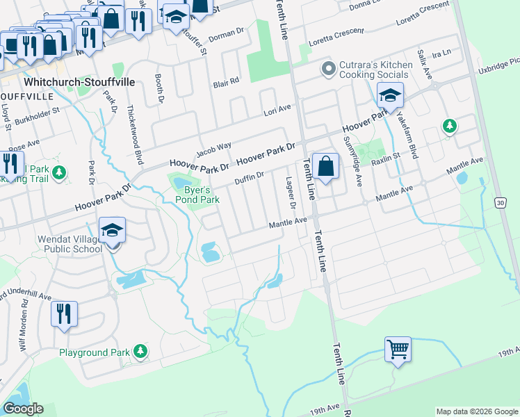 map of restaurants, bars, coffee shops, grocery stores, and more near 27 Peppertree Lane in Whitchurch-Stouffville
